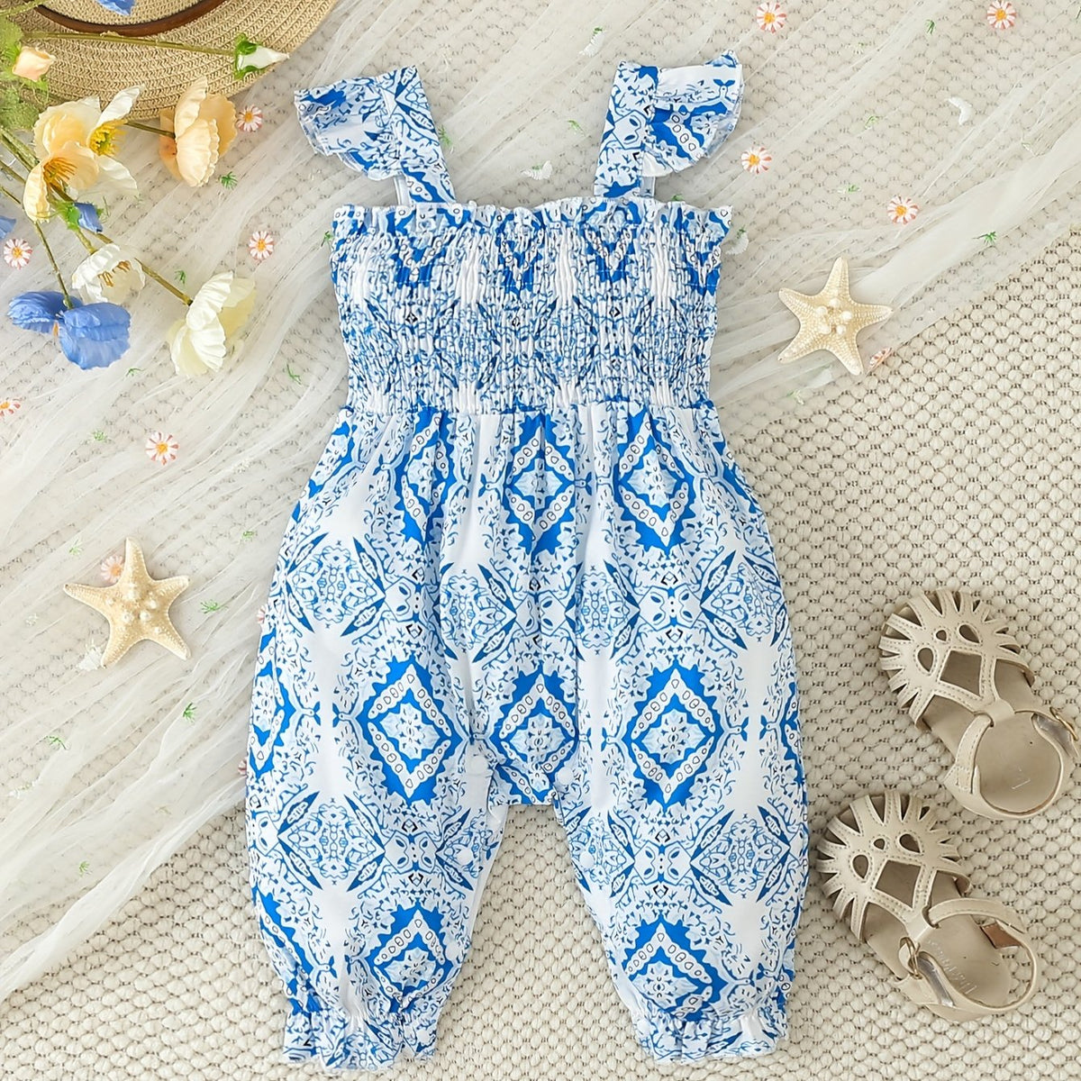 Boho Geo Graphic Jumpsuits Baby Girls Suspender Pants