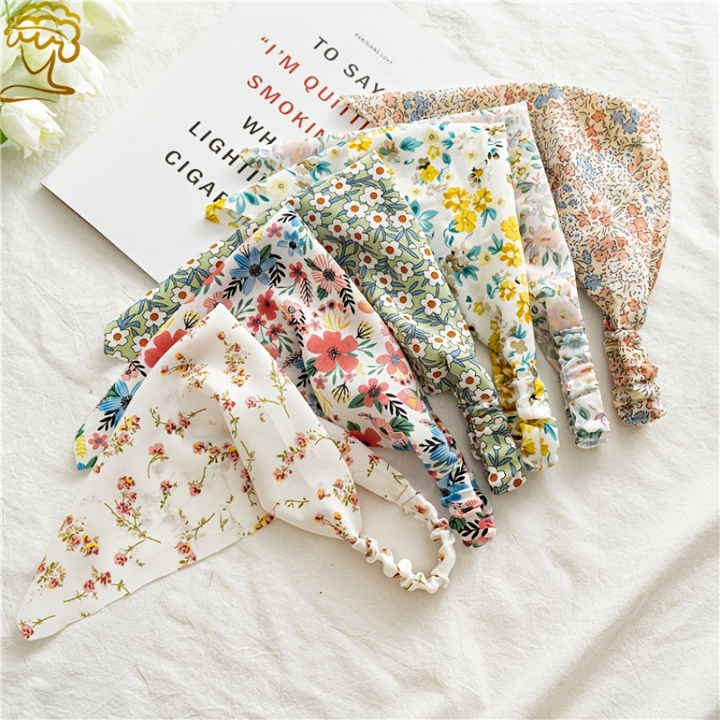 Floral Print Triangle Head Scarf Wrap Elastic Headband Girl's Hair Hairband