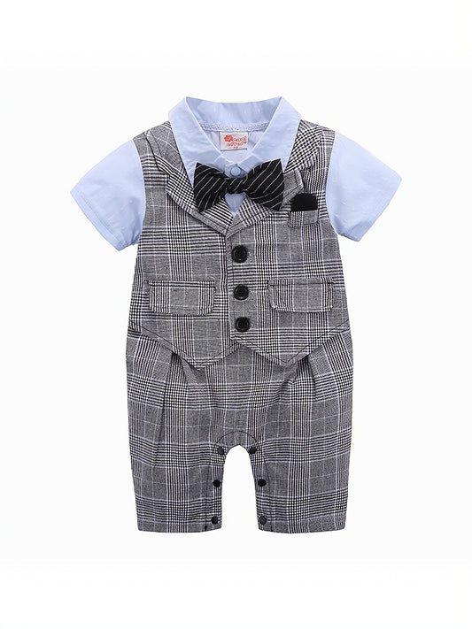 Baby Boys Plaid Bowtie Gentleman Romper Jumpsuit