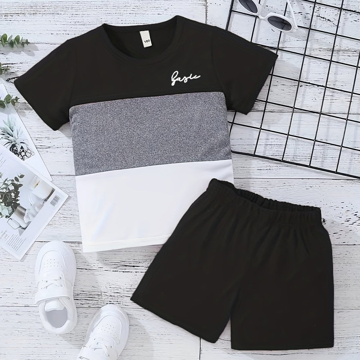 Boys Casual Block & Letter Graphic Print Short Sleeve T-shirt & Shorts Set