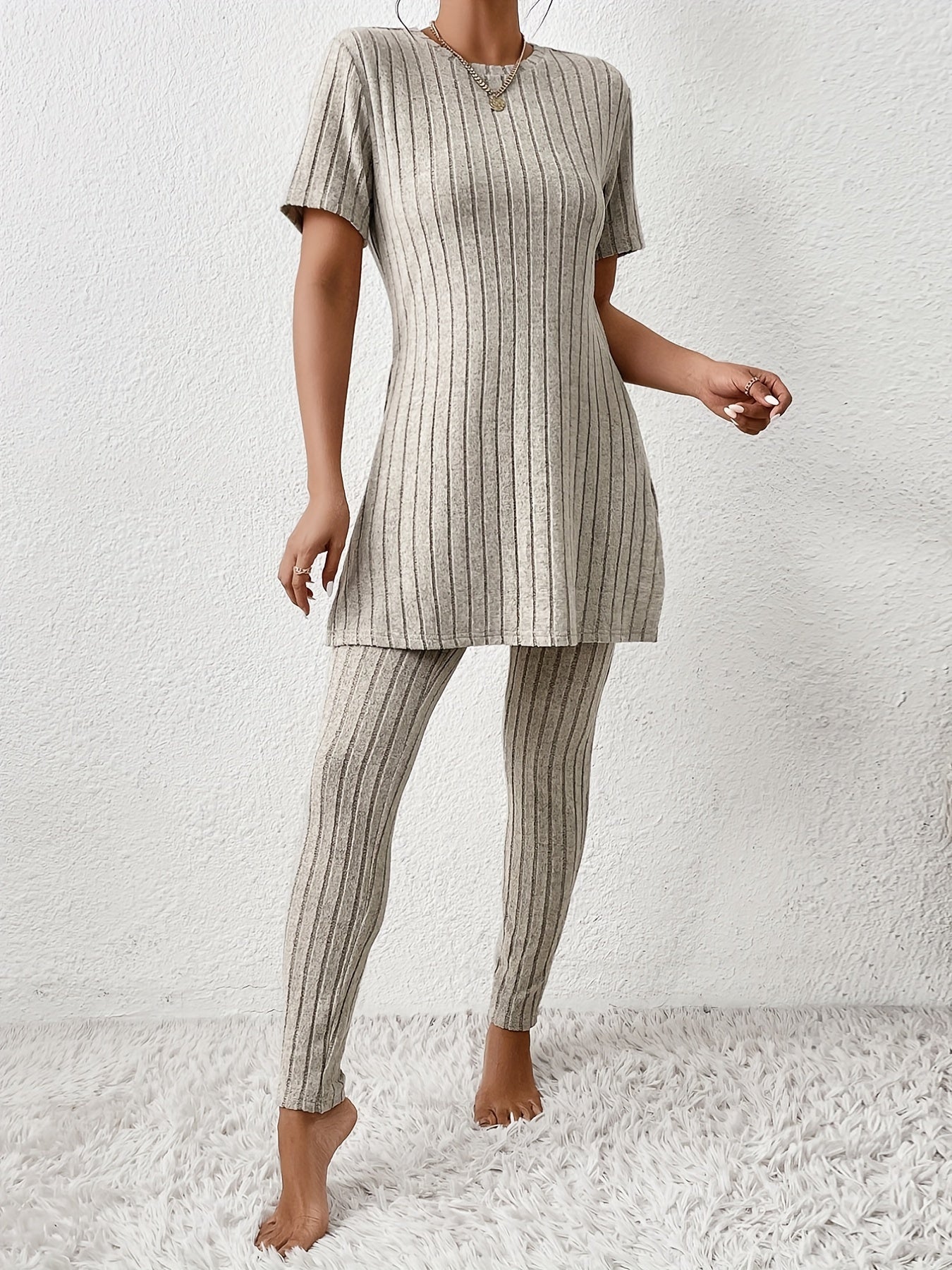 Ribbed Two piece Set Crew Neck Tops & Slim Pants Outfits
