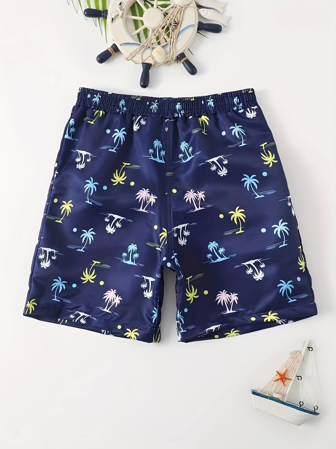 Boy's Dino Print Swim Trunks Elastic Waist Shorts for Summer Vacation