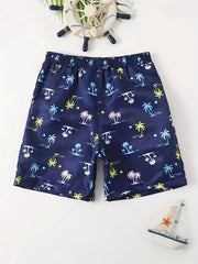 Boy's Dino Print Swim Trunks Elastic Waist Shorts for Summer Vacation