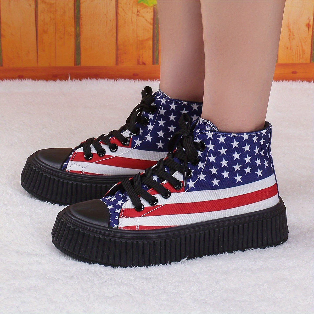 Women's Star & Striped Pattern Canvas Shoes Comfortable Lace Up Outdoor Shoes