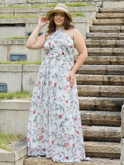  Floral Print Halter Neck Maxi Party Dress