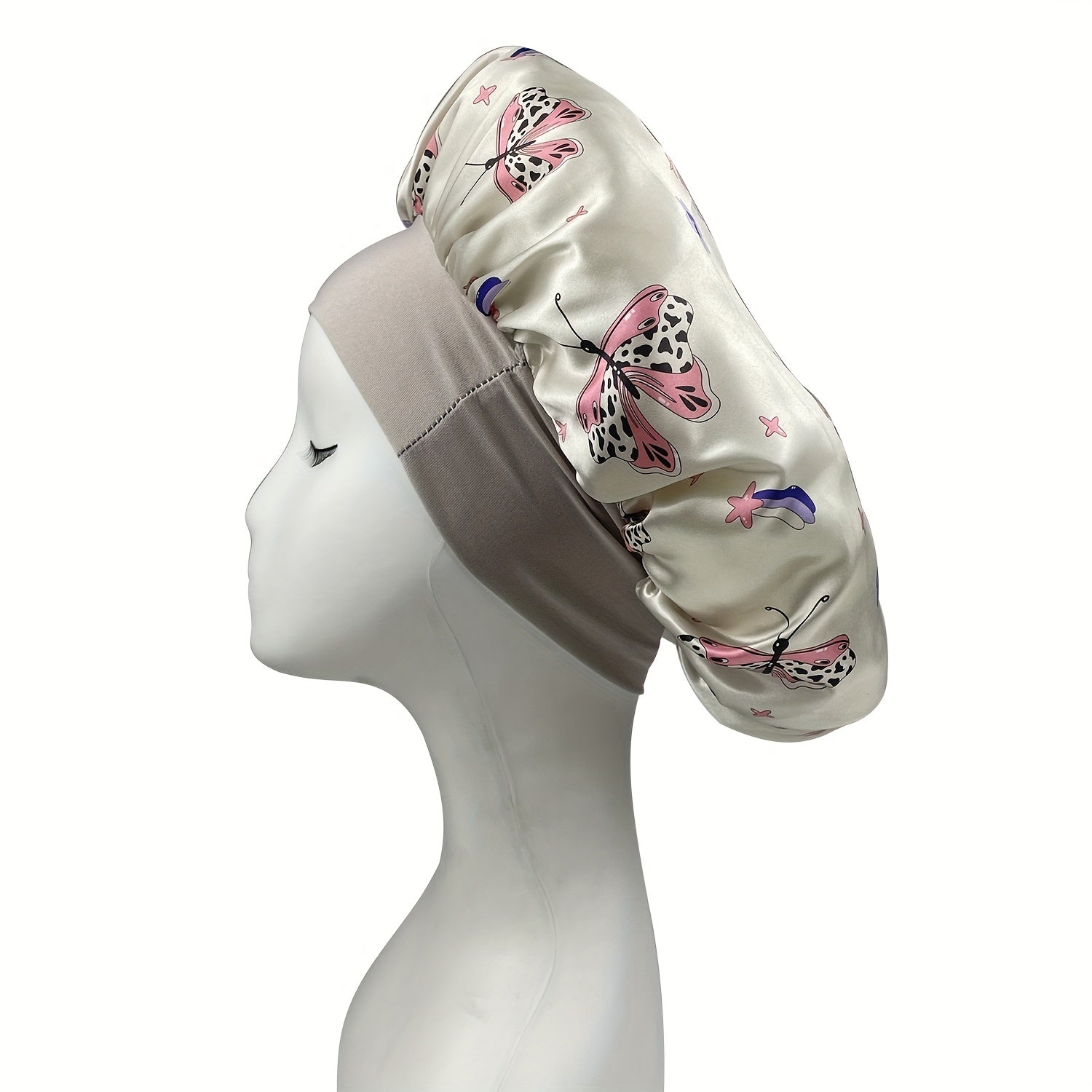 Gray Butterfly Print Bonnet Shower Cap Satin Head Wrap