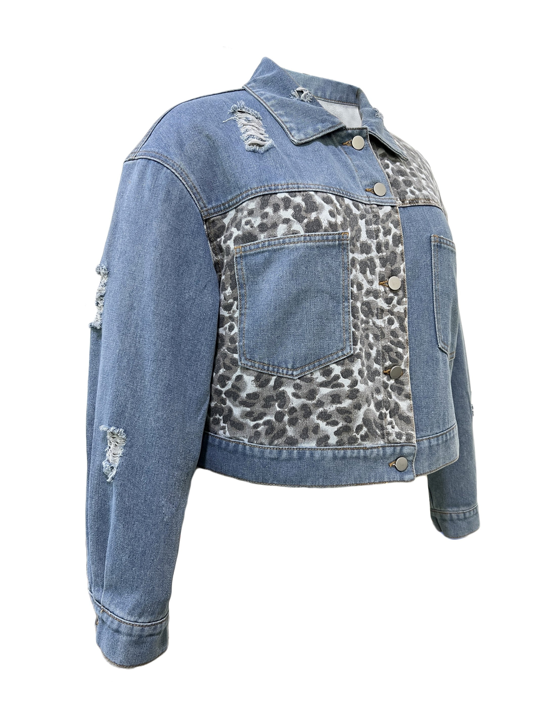  Colorblock Leopard Print Denim Jacket