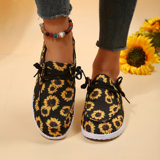 Women's Sunflower Print Canvas Slip-On Loafers Shoes