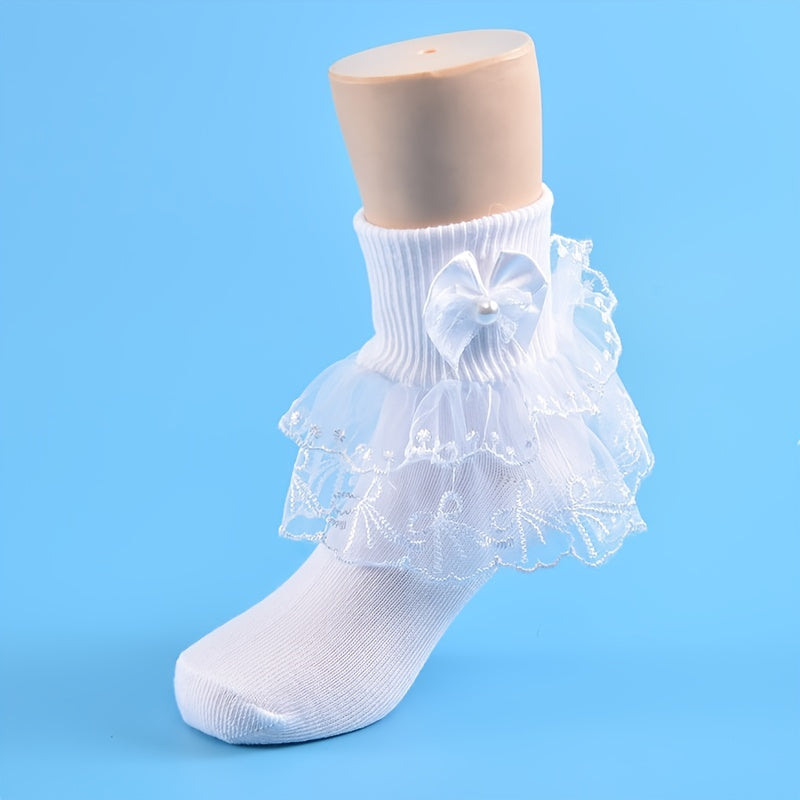 3 Pairs Girls Lace Brim Ruffled Bow Knit Crew Socks