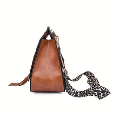 Leopard Strap Crossbody Bag Tassel Shoulder Bag Goth Studded Decor Purses