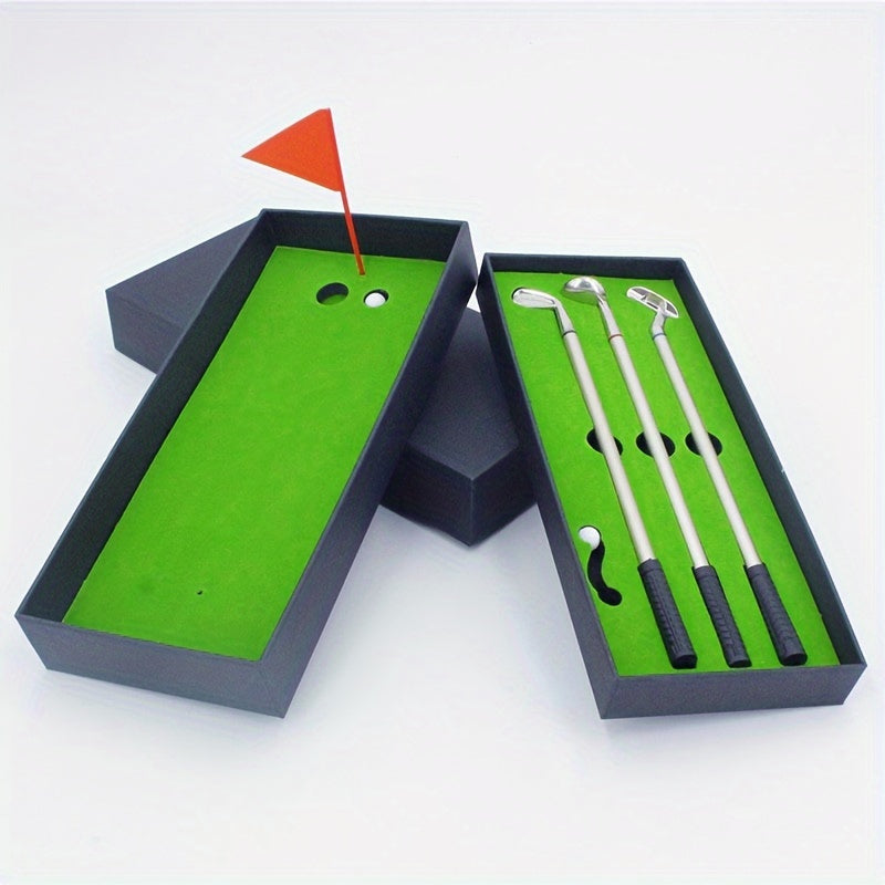 Golf Pen Set Mini Desktop Metal Club Gift Flag 3 Pens 2 Balls