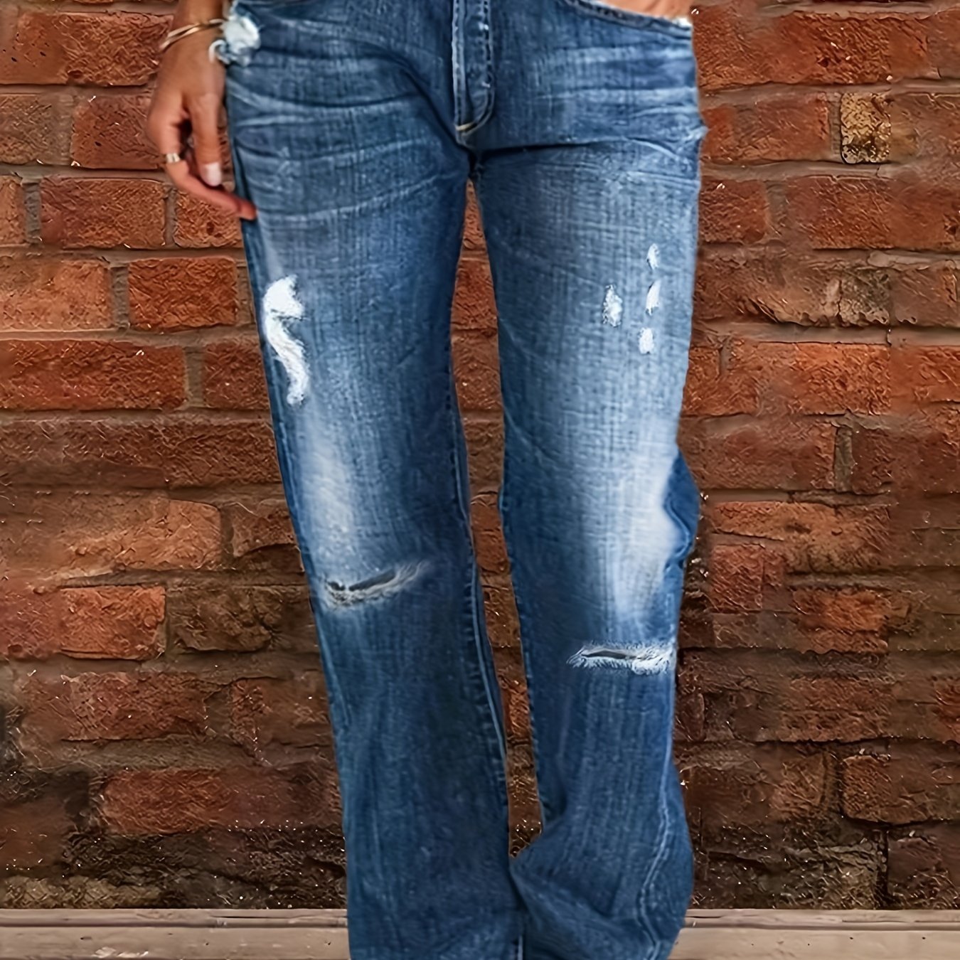 Women's Plus Washed Button Fly Ripped High Rise Wide Leg Jeans