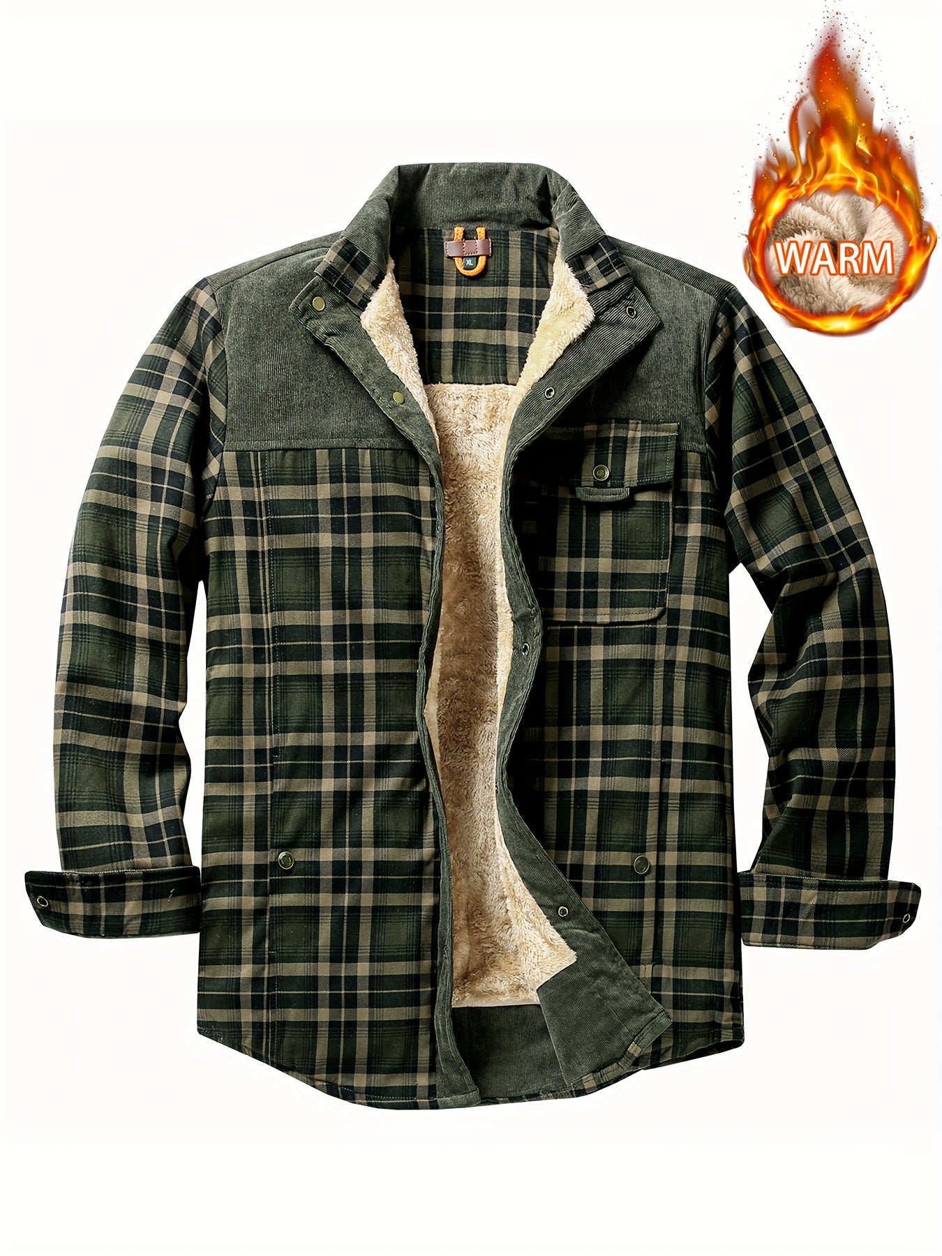 Men's Plaid Print Jacket Windproof Thermal Lapel Winter Shirt
