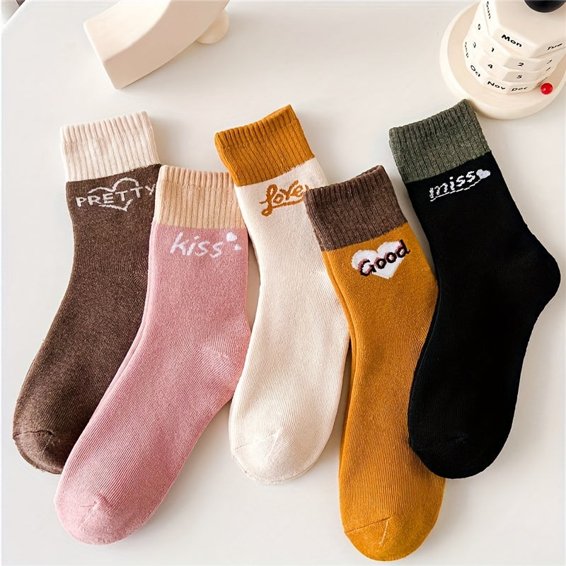5 Pairs Letter Print Socks Colorblock Crew Socks Women's Stockings