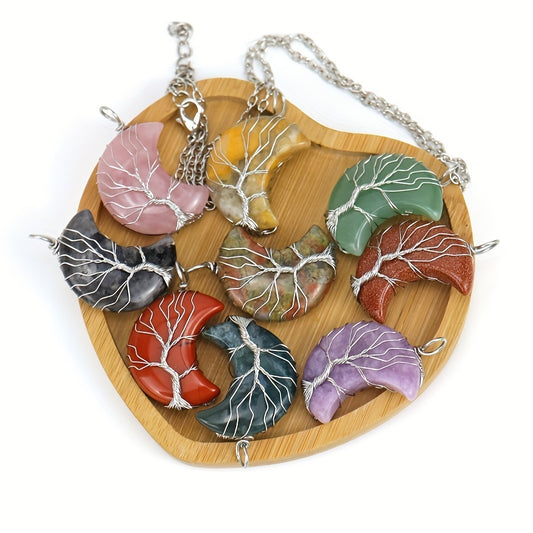 Moon Necklace Fortune Tree Natural Stone Amethyst Pendant
