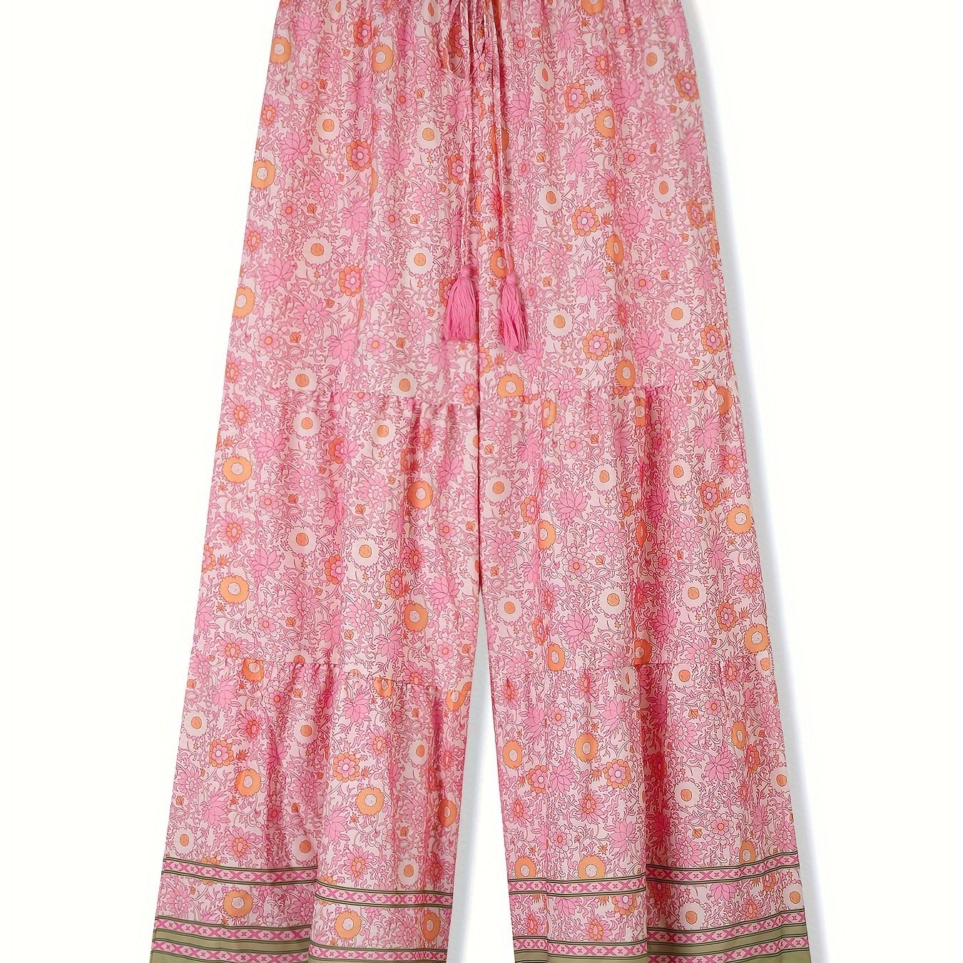Boho Plus Size Wide Leg Pants Floral Tassel Drawstring