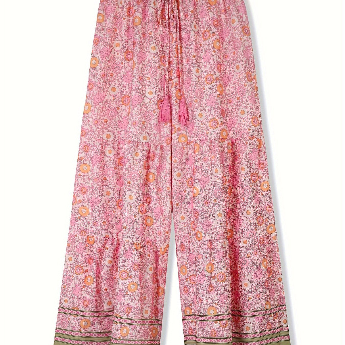 Boho Plus Size Wide Leg Pants Floral Tassel Drawstring