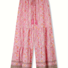 Boho Plus Size Wide Leg Pants Floral Tassel Drawstring