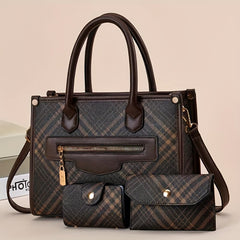 3pcs Classic Plaid Handbag Set Large Capacity Shoulder Bag