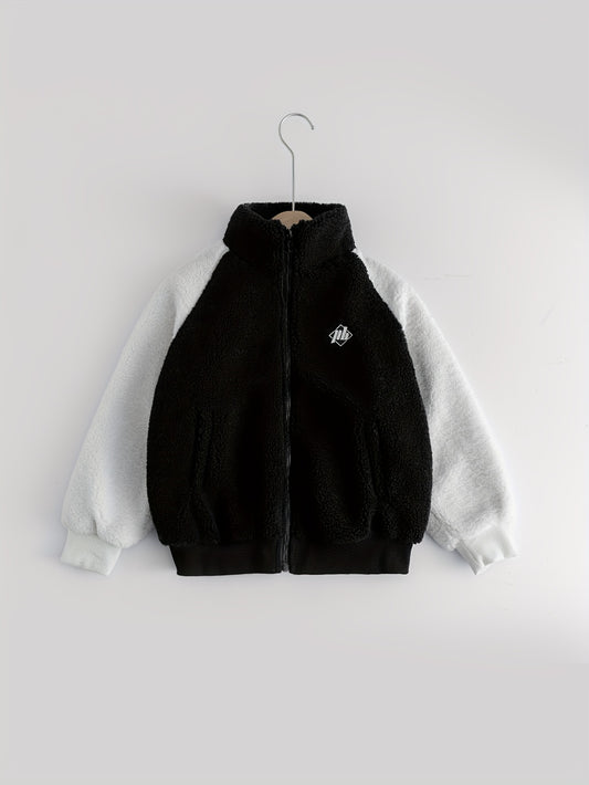Boys Fuzzy Fleece Jacket Letter Patchwork Stand Collar Kids Warm Zipper Coat