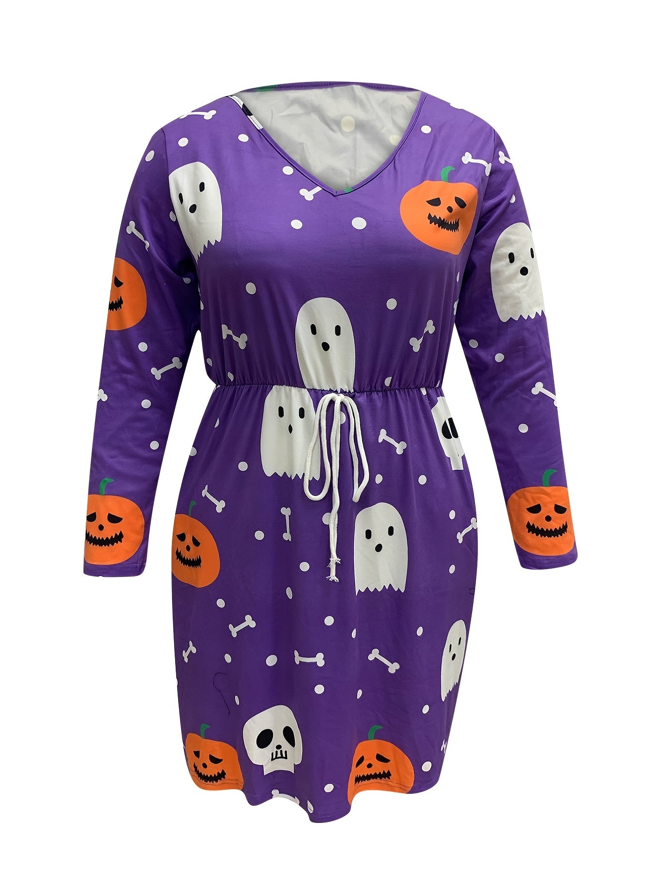 Women's Plus Ghost & Pumpkin Print Drawstring Long Sleeve V Neck Dress