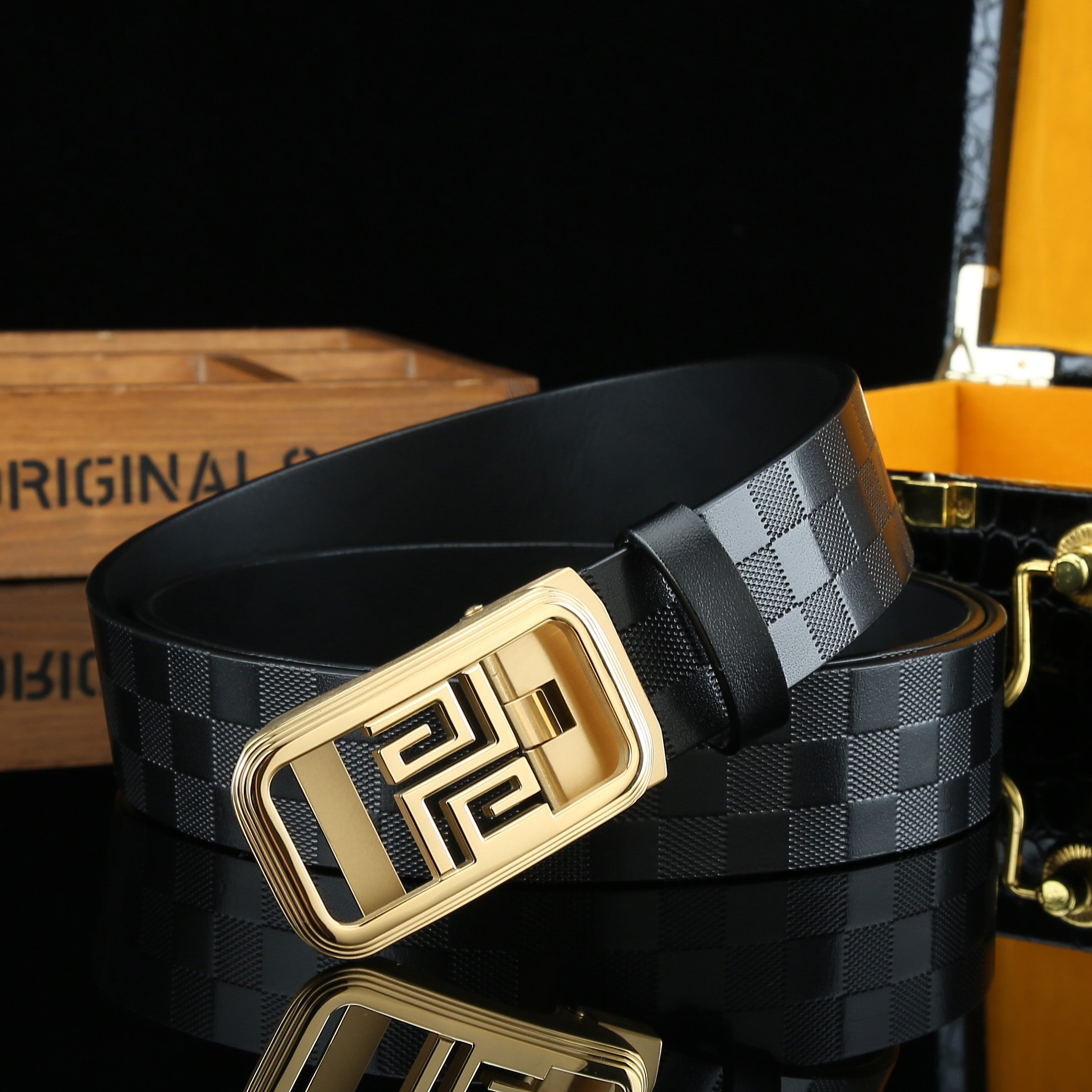 Men's Automatic Buckle Belt Cowhide Checkerboard Pattern Width 3 1/4in