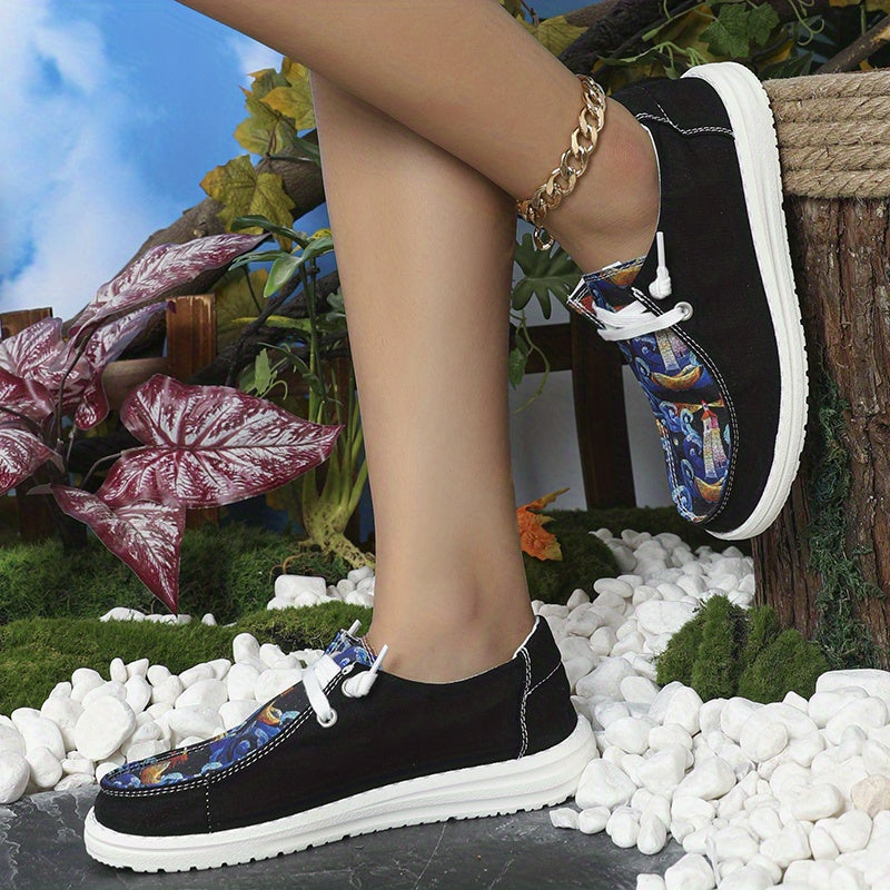 Women's Printed Canvas Lace Up Sneakers Outdoor Flats