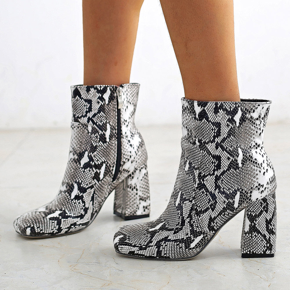 Snakeskin Print Ankle Boots Side Zip Chunky Heel