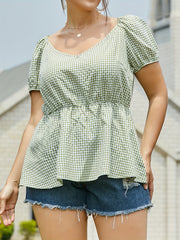  Plaid Print Puff Sleeve V Neck Peplum Shirt Top