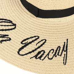 Embroidered Sun Hat Wide Brim Beige Straw Hat