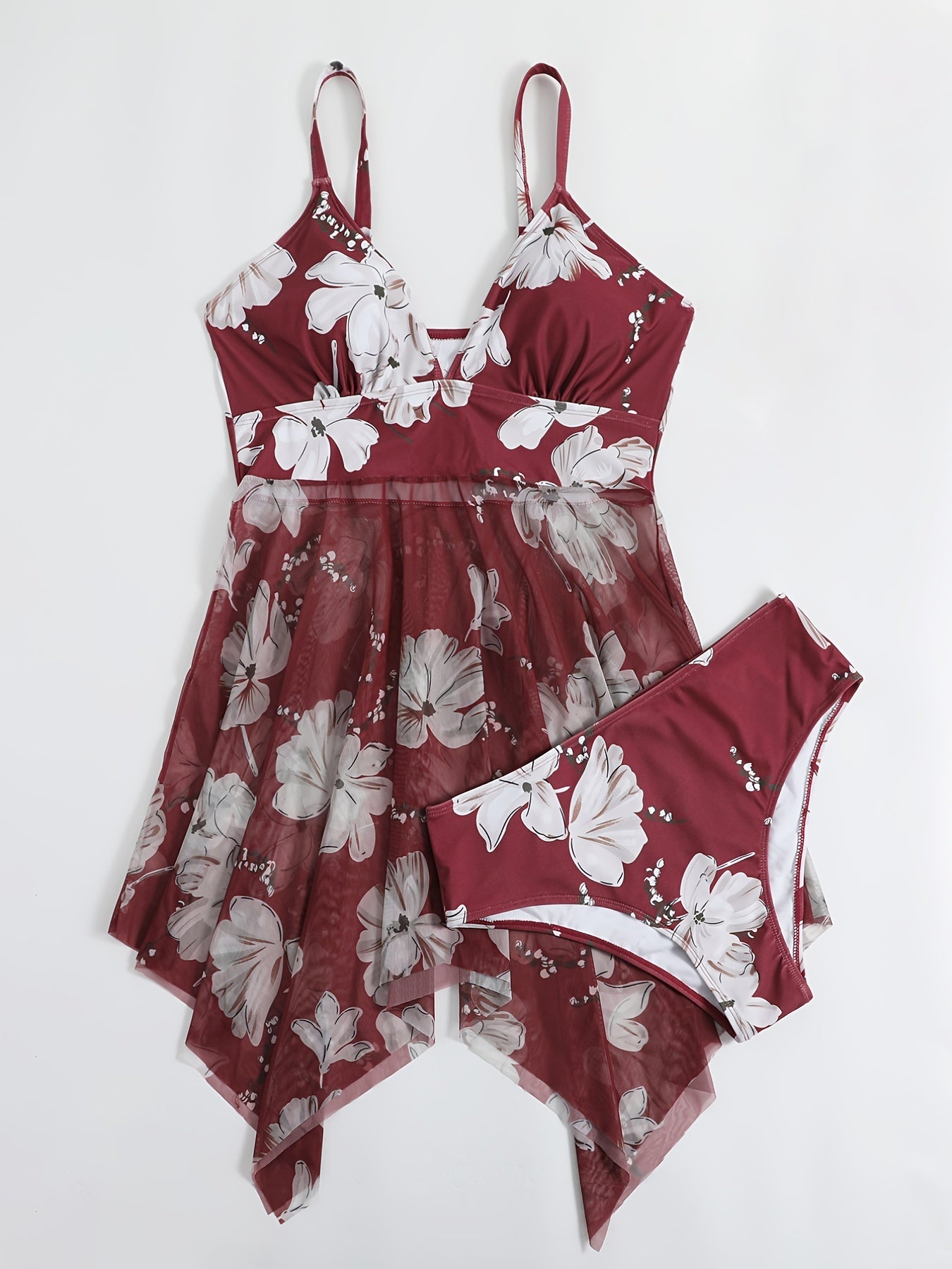 Floral Print Mesh Bikini Set Women's Plus High Stretch Swimsuit