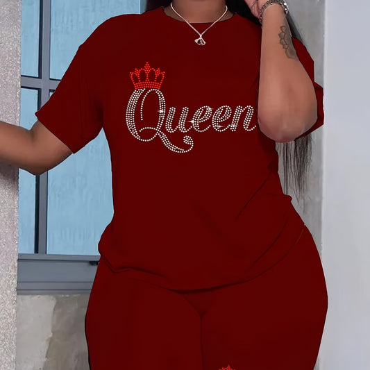 Queen Letter Print 2 Piece Set Crew Neck T shirt & Yoga Shorts