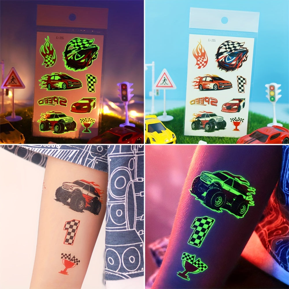 10 Sheets Glow in The Dark Racing Vehicles Temporary Tattoos