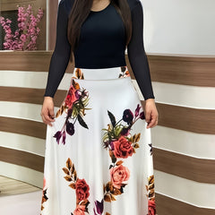  Colorblock Floral Print Round Neck Maxi Dress