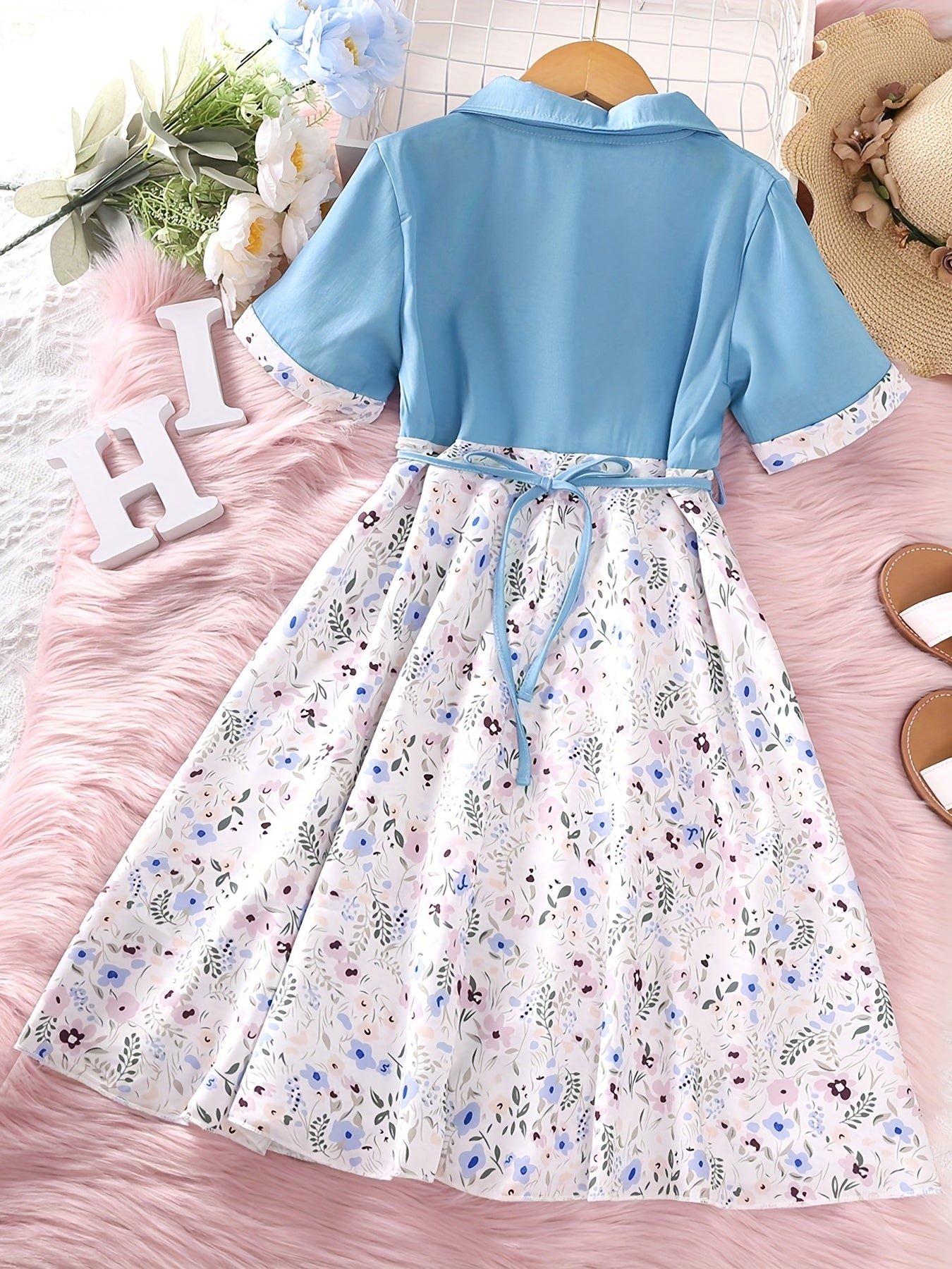 Girls Short Sleeve Floral Button Front Dress Kids Summer Clothes