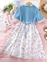 Girls Short Sleeve Floral Button Front Dress Kids Summer Clothes