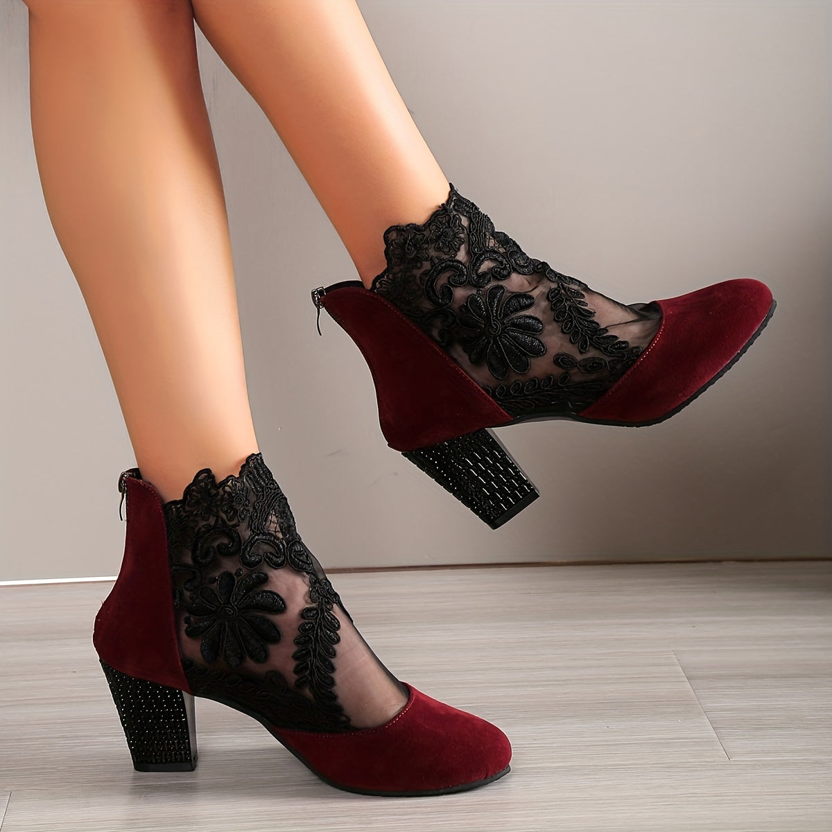 Women's Mesh Block Heel Boots Embroidered Back Zip Ankle Boots
