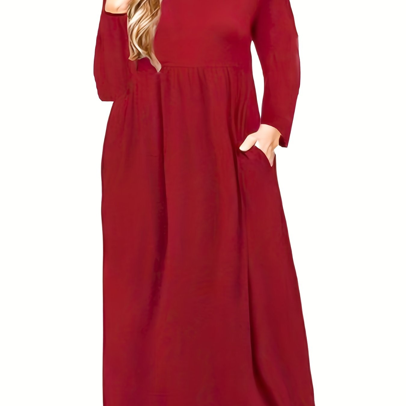  Solid Long Sleeve Round Neck Maxi Dress With Pockets