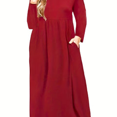 Solid Long Sleeve Round Neck Maxi Dress With Pockets