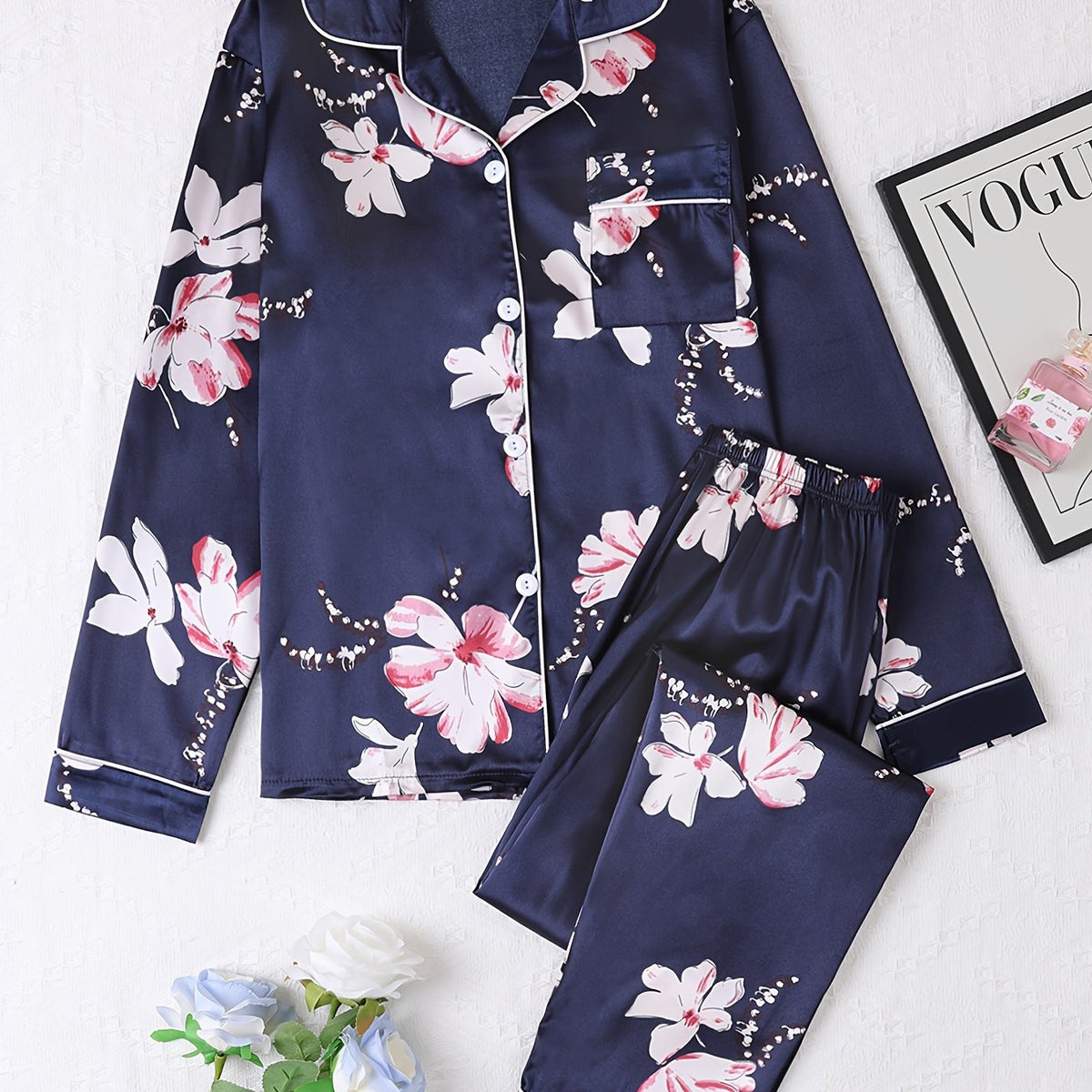 Floral Print Pajama Set Long Sleeve Lapel Buttons Top & Elastic Waistband Pants