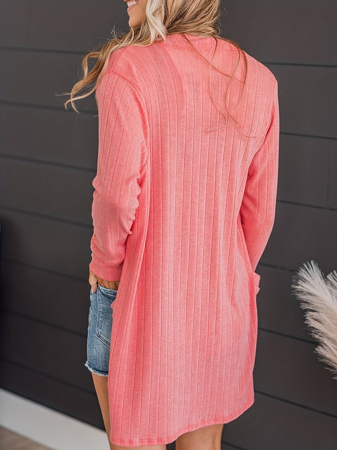  Ribbed Long Sleeve Open Front Cardigan With Pockets