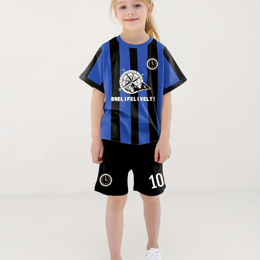 Girls Striped Letter & Number Print 2pcs Jersey Tee & Shorts Set