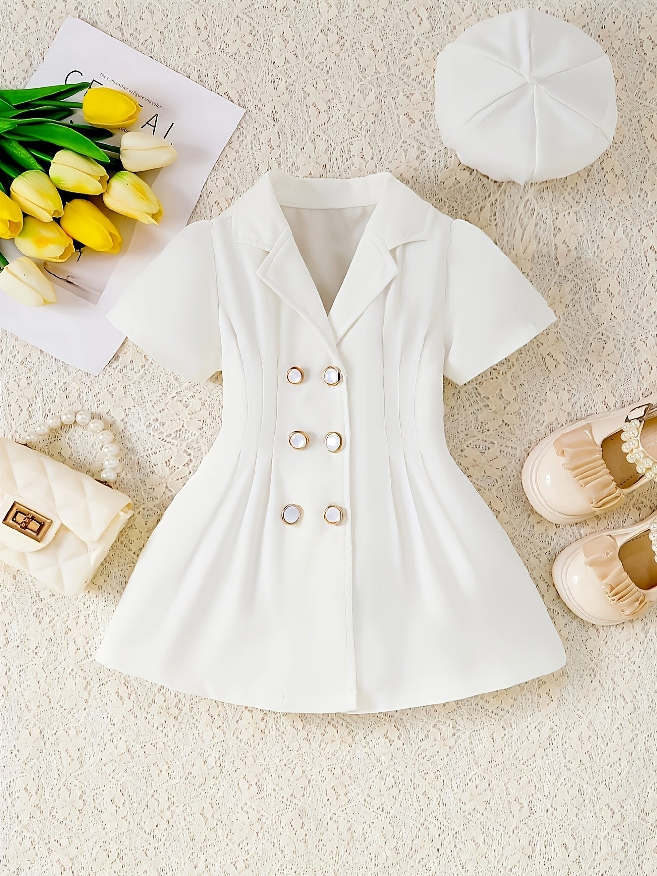 2pcs Baby Girls Short Sleeve Tunic Dress & Beret Set