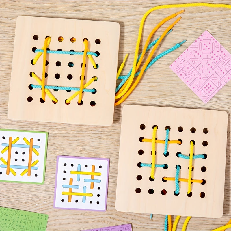 Colorful Wooden DIY Threading Board Educational Rope Toy