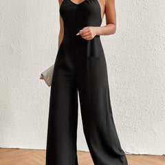 Wide Leg Spaghetti Strap Jumpsuit Casual Solid Sleeveless Jumpsuit With Pocket