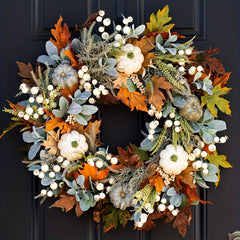 Frosted Leaf Pumpkin Wreath for Halloween, Thanksgiving, Christmas