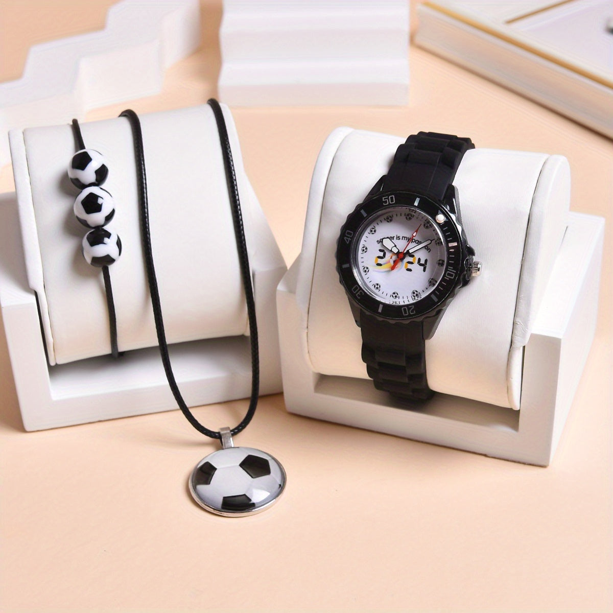 3pcs Boys Soccer Quartz Watches Set - Silicone Belt Sport Wristwatch