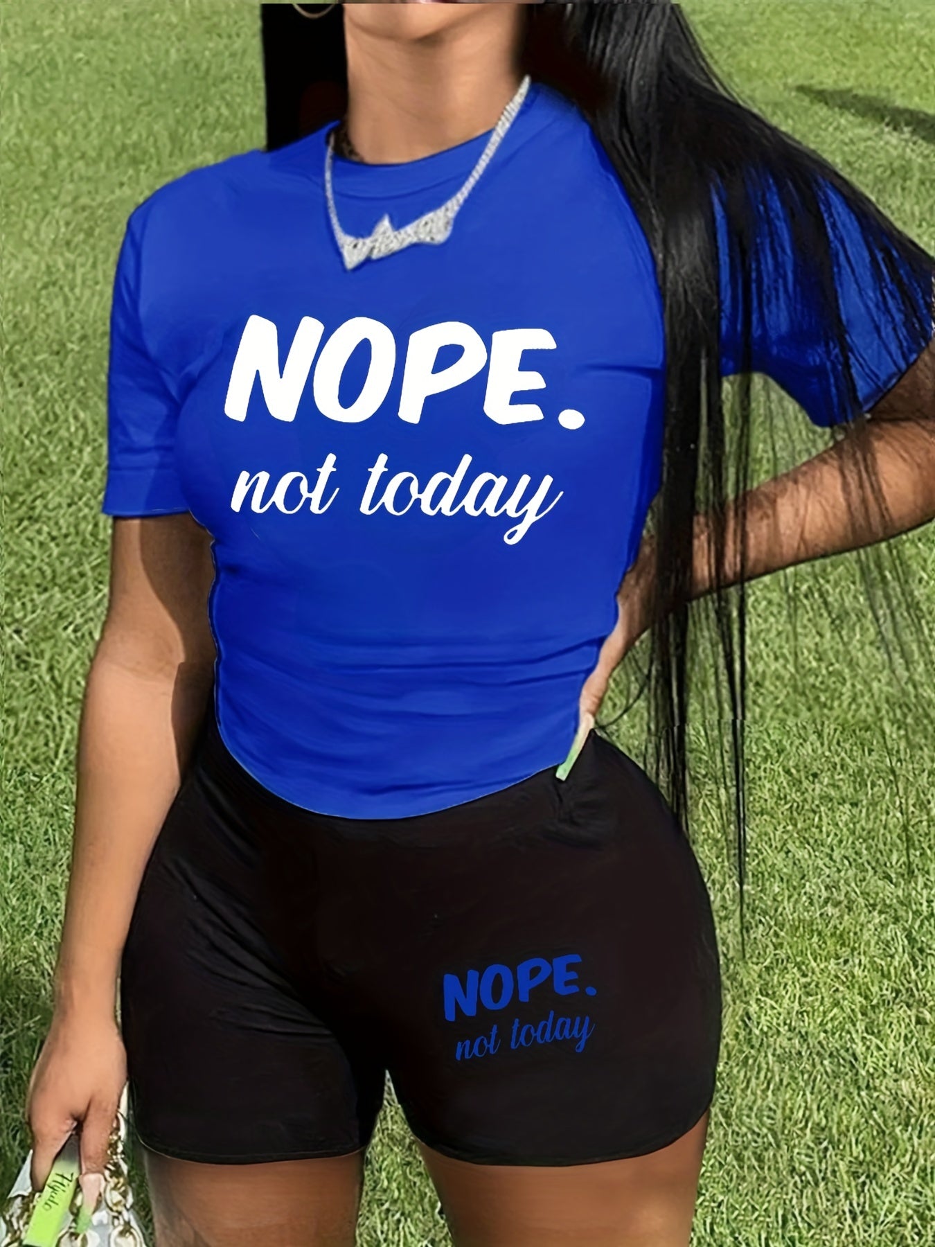 Not Today Letter Print Two piece Set Crew Neck Short Sleeve T shirt & Slim Short