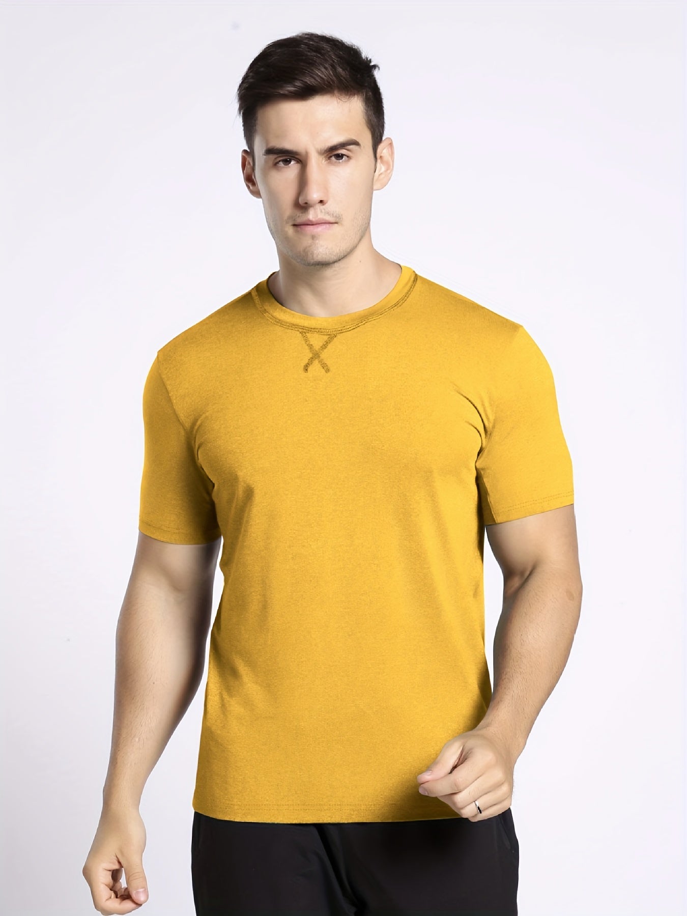 Men's Solid Knit T-shirt Soft Mid Stretch Crew Neck Tee Top