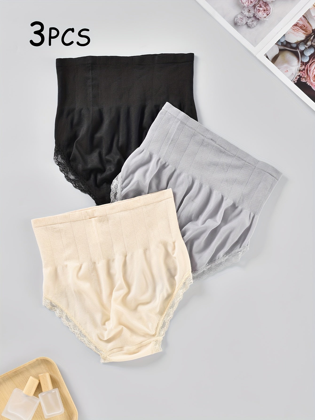 3pcs Lace Trim Briefs High Waist Stretchy Panties Women's Underwear